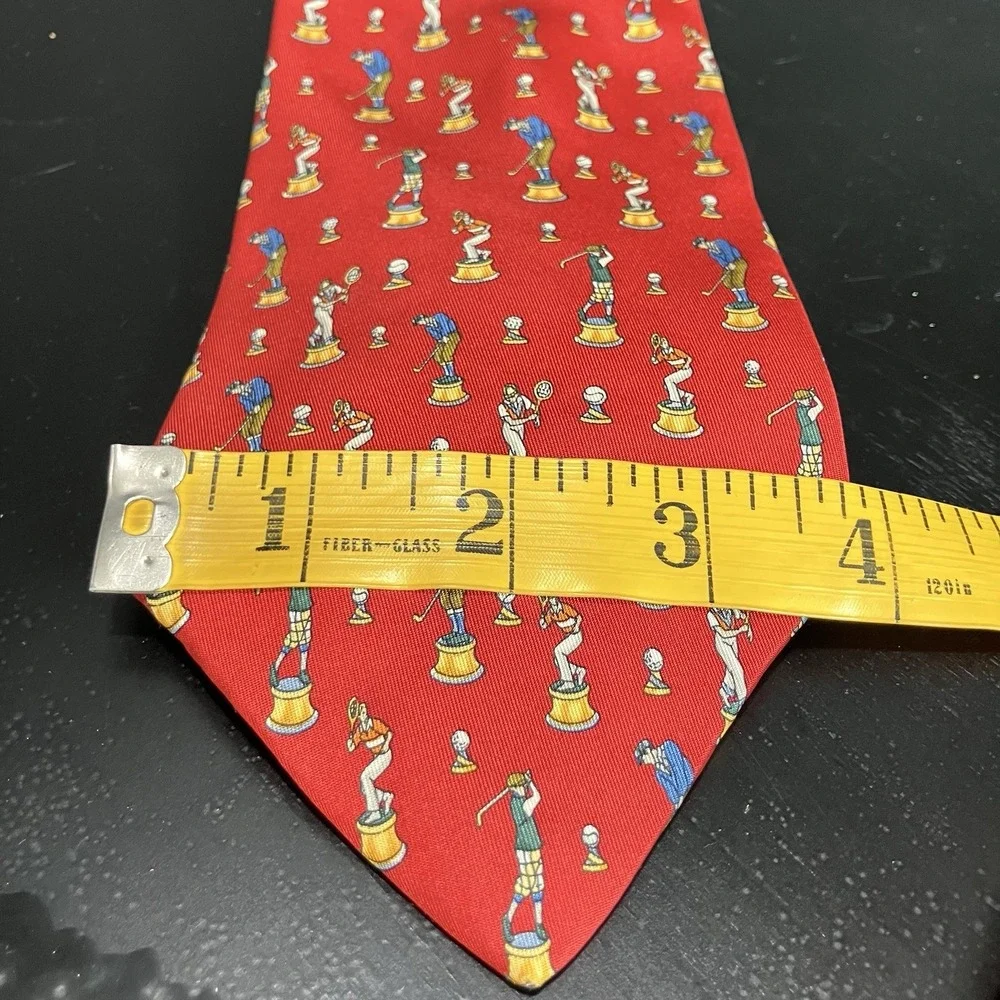 Salvatore Ferragamo Silk Necktie Red Golf Player Trophy Novelty Print Made Italy